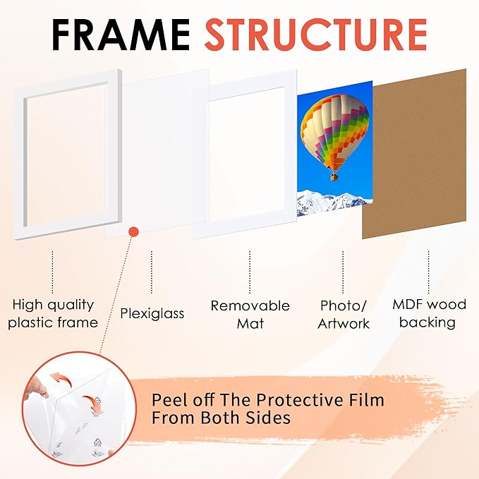 FIXSMITH 11x14 Picture Frame Set of 6, White Photo Frames Bulk with HD Plexiglass, Display Pictures 8x10 with Mat or 11x14 Without Mat, Multi Picture Frames Collage for Wall Decor