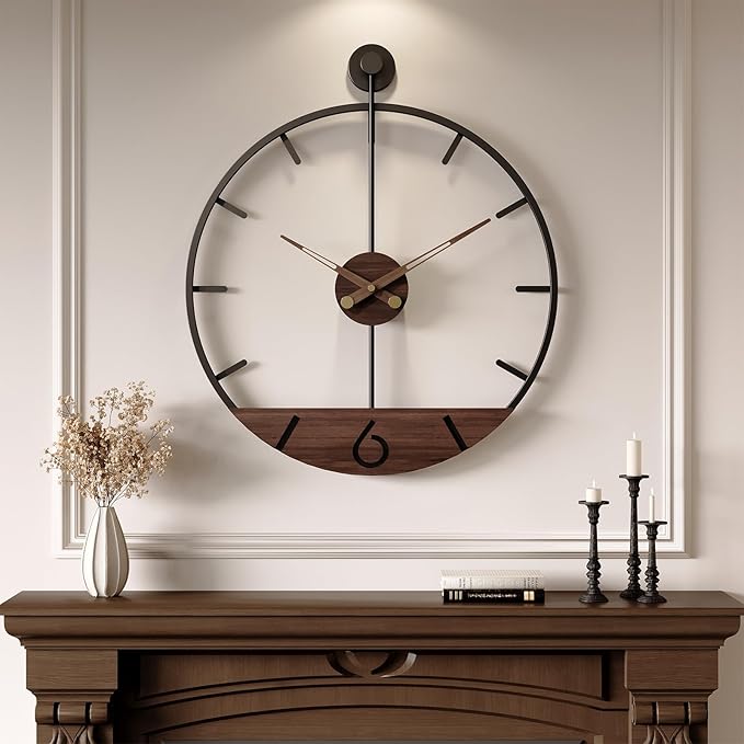 Large Wall Clock 30 Inch Modern Battery Operated Wall Clock for Living Room Decor, Walnut Wood Dial with Black Metal Frame, Silent Non Ticking Clocks for Kitchen, Office, Bedroom