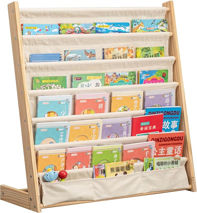 7 Tier Wooden Kids Bookshelf Book Holder Natural Wood Book Rack Storage Bookshelf for Kids Room Study Room Play Room Toy Storage Organizer (W: 29.52")