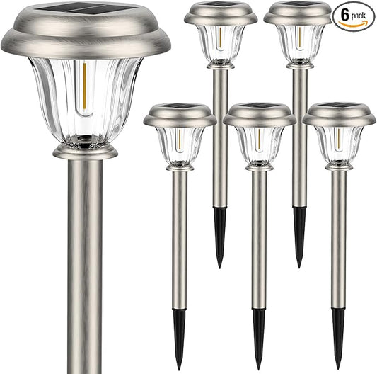DERAYSION Solar Lights Outdoor Waterproof, Brushed Stainless Steel Glass Solar Pathway Lights, Auto On/Off Long-Lasting Outdoor Solar Lights for Garden, Landscape, Path, Yard 6 Pack