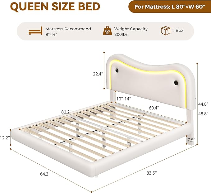 Queen Size Floating Bed Frame with LED Lights, Velvet Upholstered HeadboardBed Frame, Rounded Corners, Charging Station, No Box Spring Needed, Easy Assembly, White