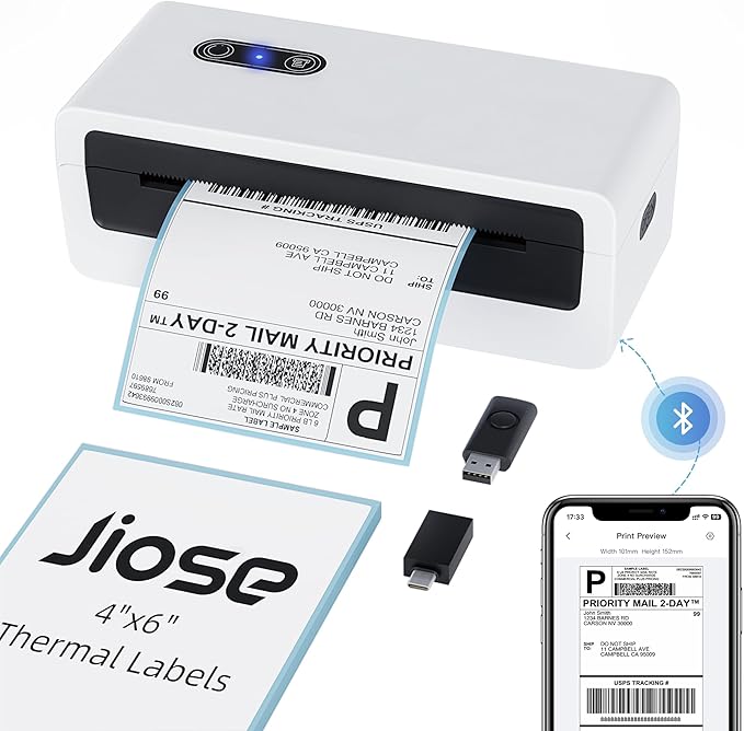 Jiose Shipping Label Printer - 4x6 Desktop Thermal Label Printer for Small Business - Compatible with MacOS Windows