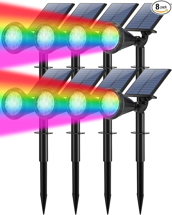 Solar Lights Outdoor Waterproof Color Changing 180° Adjustable RGB Solar Powered Landscape Spot Lights for Yard 7 Lighting Modes Solar Spotlights for Pathway Garden Outside (8 Pack)