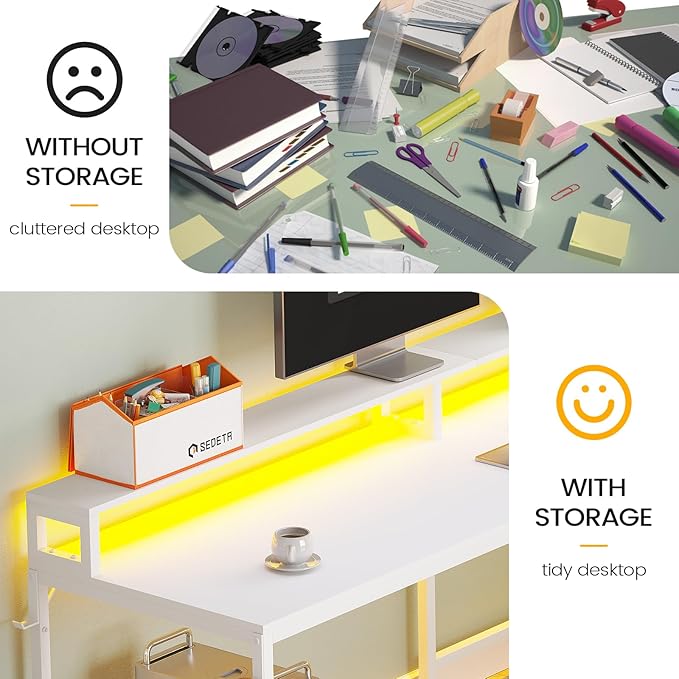 SEDETA White L Shaped Gaming Desk, 66" Home Office Desk with File Drawer, Power Outlet and Led Lights, Corner Computer Desk with Monitor Shelf, Printer Storage Shelves, for Two Person