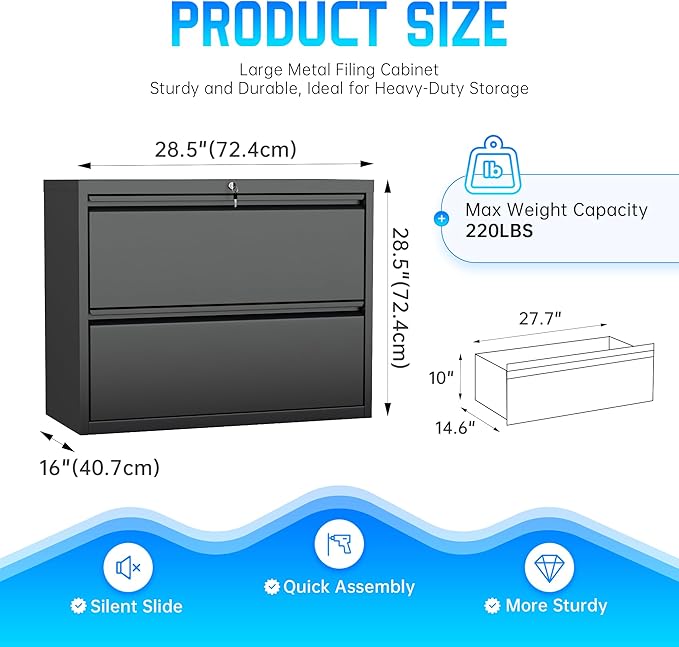 Greenvelly 2 Drawer File Cabinet, Black Metal Lateral File Cabinet with Lock, Office Filing Cabinet for Legal/Letter/A4/F4 Size with Hanging Files&Key, Lockable File Cabinets for Home Office