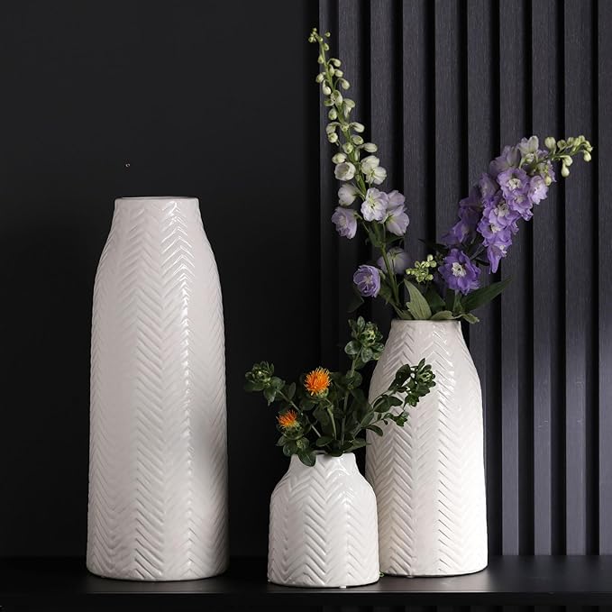 hjn Large White Vase for Flowers Ceramic Vase for Home Decor Tall Vases for Your Floor/Kitchen/Office/Living Room/Table- White Texture(Large)