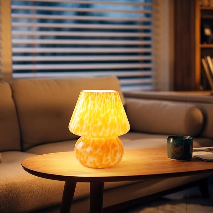 Flame Orange Mushroom Table Lamp – Mid-Century Modern Small Bedside Light for Bedroom & Living Room | Cute Mini Nightstand Lamp with Aesthetic Decor, Blending Retro Charm