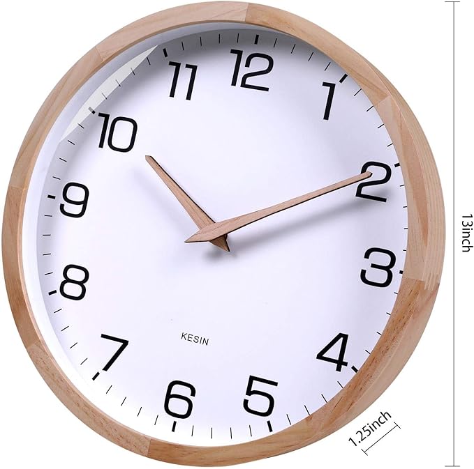 Kesin 12 Inches Wooden Round Silent Wall Clock White Wood Wall Clocks Analog Digital Battery Operated Non Ticking for Living Room Kitchen Bedroom Office Vintage Home Decor