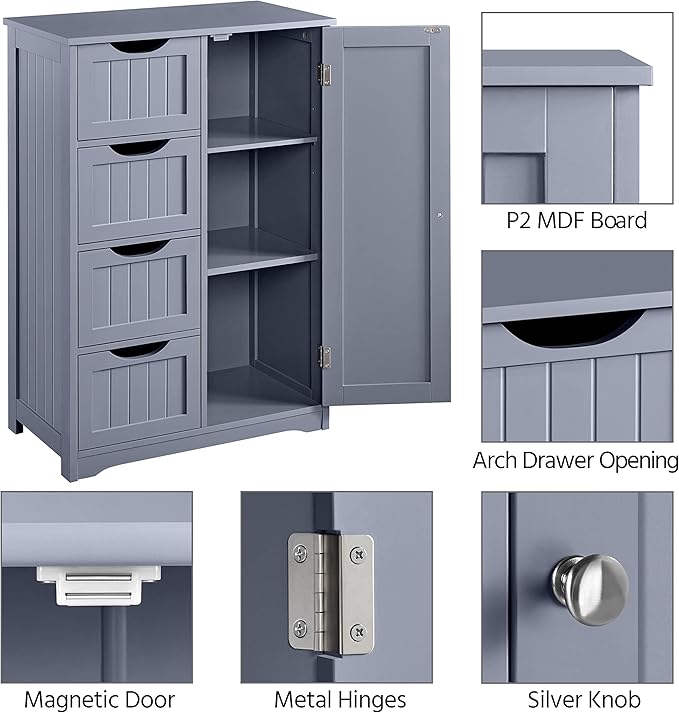 Yaheetech Large Bathroom Floor Cabinet with 4 Dawers and Single Door Cabinet, Freestanding Storage Cabinet for Living Room Kitchen Hallway, Gray