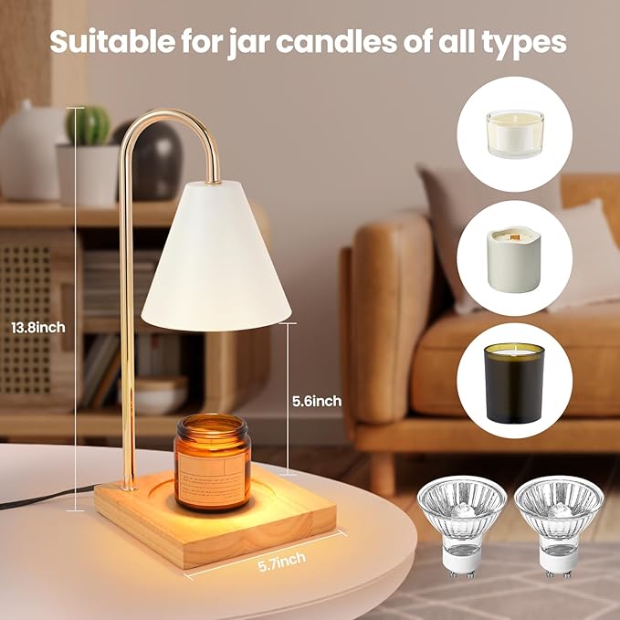 Dimmable Candle Warmer with Timer - White Nightstand Lamp for Bedroom (2 Wax Warmer Bulbs)