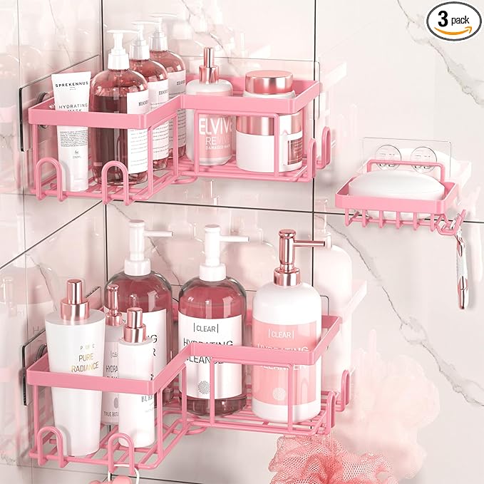 Adhesive Corner Shower Caddy - No Drilling Shower Shelves-Rustproof, Organizer for Bathroom with Soap Holder. Pink