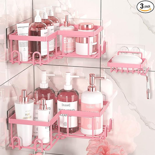 Adhesive Corner Shower Caddy - No Drilling Shower Shelves-Rustproof, Organizer for Bathroom with Soap Holder. Pink