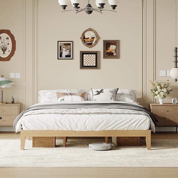 Cal King Size Wood Platform Bed Frame, 12 Inch Solid Wood Bed Frame with Wooden Slats, No Box Spring Needed, Easy Assembly, Rustic Pine