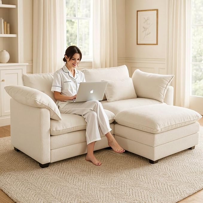COMHOMA 86" L Shaped Sectional Sofa with Movable Ottoman,Comfy Cloud Modular Couch with Throw Pillows,Modern Chenille Deep Seat Sofa Couches for Living Room,Beige