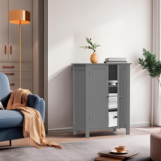ZENY Bathroom Floor Storage Cabinet with Double Door + Adjustable Shelf, Wooden Organizer Cabinet for Living Room, Bathroom, Bedroom, Modern Home Furniture (Gray)