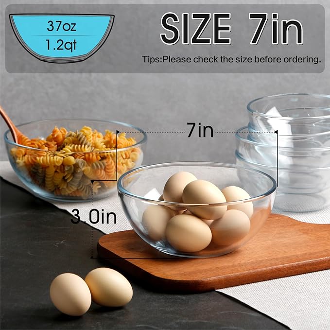 NUTRIUPS 7 Inch Medium Glass Prep Bowls, 37oz Glass Bowl Set, Clear Tempered Glass Salad Bowls for Kitchen Microwave and Oven Safe