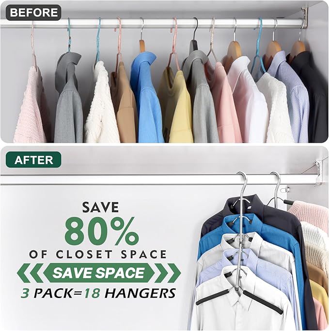 DOIOWN Clothes Hangers Space Saving: 6 Tier Coat Hanger Space Saving Hangers Non Slip Foam Padded Hanger, 3 Pack Black Metal Sweater T Shirt Hangers for Men Women, Closet Organizers and Storage