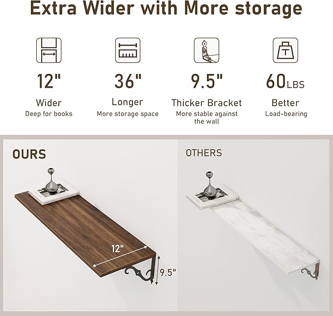 Deep Floating Shelves, 36" W x 12" D Wall Shelves Set of 2, Wide Display Shelf Wall Mounted with Brackets, Bookshelf for Living Room, Bathroom, Bedroom, Walnut