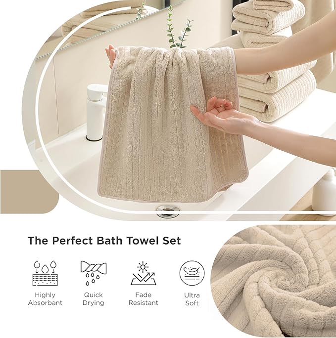 18 Piece Family Bath Towel Set Include 6 Bath Towels,6 Hand Towels and 6 Washcloths Soft Bathroom Towel with Hanging Loops,Highly Absorbent Quick Dry Towels Set for Bathroom,Hotel and Spa-Beige