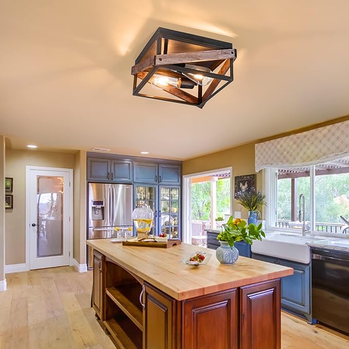 MAYNA 2-Light Rustic Ceiling Light Fixture, Farmhouse Flush Mount Ceiling Light, Metal and Wood Square Ceiling Lamp for Hallway Living Room Farmhouse, Antique Bronze Finish