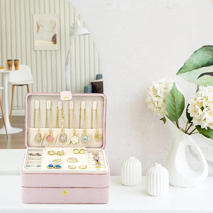 KOOAAICCHI Small Jewelry Box, Travel Jewelry Organizer, Portable Jewelry boxes for Women Girls Gift, Double Layers PU Leather Jewelry Holder for Rings, Earrings, Necklaces-Velvet Pink