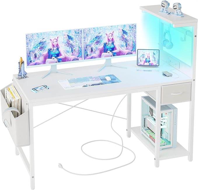 TIQLAB Gaming Desk 47 inch with Power Outlet and LED Light, Computer Desk with Reversible Shelves and Storage Drawer, Small PC Desk for Home Office Table with Bag, Carbon Fiber White