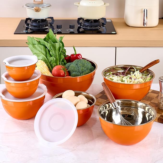 Orange Mixing Bowls with Lids Set of 7, Stainless Steel Nesting Bowl with Khaki Lid for Non-slip Mixing Prepping Storing Serving, 7 Sizes-7/3.6/2.7/2.1/1.5/1/0.8 QT