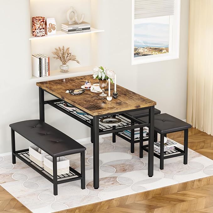 Lamerge Kitchen Tables Set for 4, Rectangular Dining Room Table Set with Bench and Stools, 4 Pieces Dining Room Table Set with Storage Rack for Small Space, Breakfast Nook and Apartment, Rustic Brown