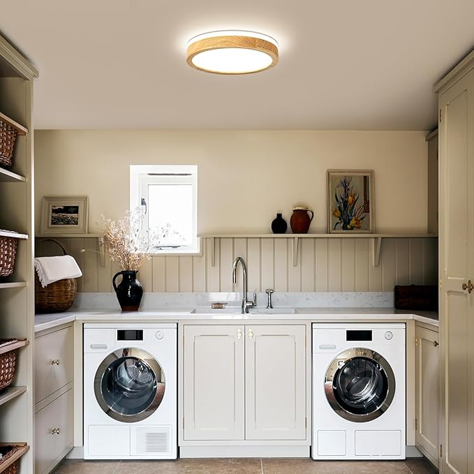 Modern Dimmable Wood Flush Mount Ceiling Light, 2700K-6000K 5CCT Round Close to Ceiling Lighting Fixtures, Minimalist LED Ceiling Lamp for Bedroom, Kitchen, Hallway, Laundry Room-11.81in