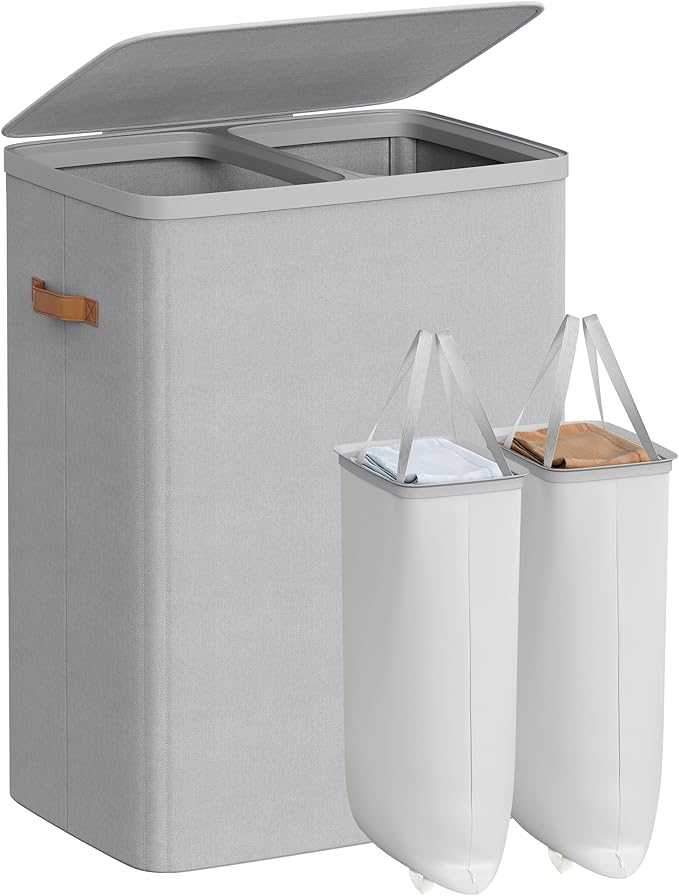 SONGMICS Laundry Basket, 44.9 Gal. Laundry Hamper, 2 Compartments, Easy Assembly, with Lid and Handles, Removable Inner Bags, 22 x 15.7 x 29.5 Inches, Dove Gray ULCB813G01