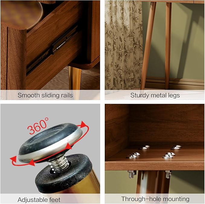 Walnut Stylish Corner Makeup Vanity Table，Vanity Desk with Lighted Mirror and 4 Spacious Drawers,Bedroom Essential Dressing Table with Nightstand，Modern Minimalist Writing Desk for Girls