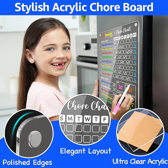 PigPotParty Acrylic Magnetic Chore Chart for Kids on Fridge – 2 Pack 9.5"x12" Weekly Dry Erase Chore Board with 8 Fine Tip Colorful Markers and 1 Towel – for Multiple Kids, Teens and Family