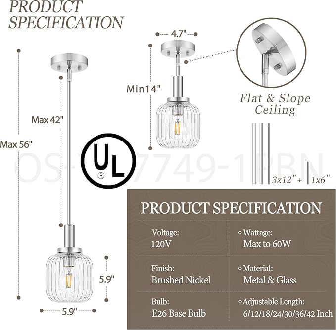 Brushed Nickel Pendant Lights Kitchen Island 2 Pack, 5.9" Modern Glass Pendant Light with Clear Glass and Rods, Mini Hanging Lighting for Kitchen Sink Bathroom Bedroom, OS-YQ7749-2PBN