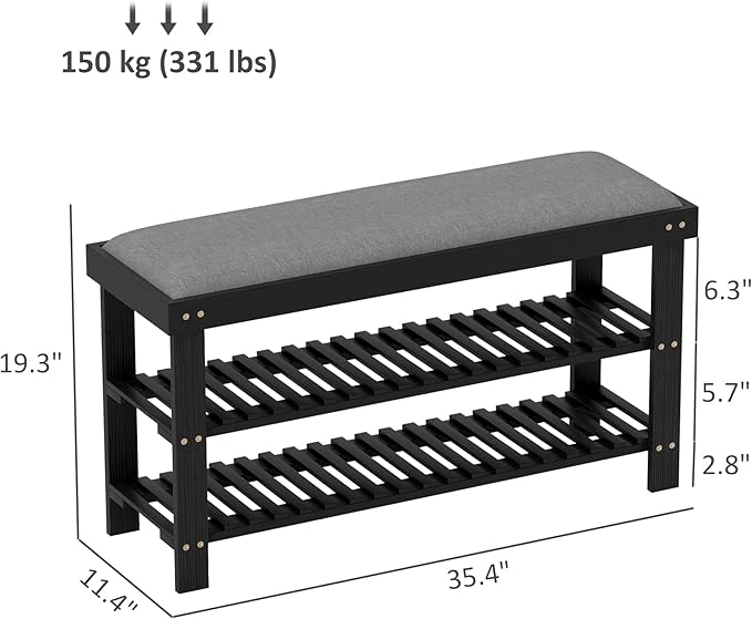 HOMCOM Bamboo Shoe Bench, 3-Tier Entryway Bench with Storage and Cushion, Shoe Organizer for Entryway, Hallway, Holds Up to 331 lbs, 35.4 x 11.4 x 19.3 Inches, Black