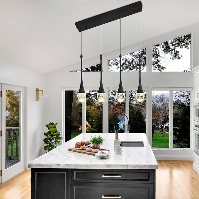 Dining Room Light Fixture 4-Light Black Kitchen Island Lighting Industrial Linear Crystal Chandeliers for Dining Room Pendant Light Fixture for Living Room Hallway Bedroom
