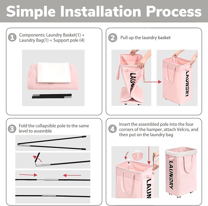 Goodpick Pink Laundry Baskets with Wheels 2-Pack, 75L Rolling Laundry Basket with Removable Wash Bags, Large Laundry Hamper for Corner Dorm, Collapsible Laundry Basket on Wheels