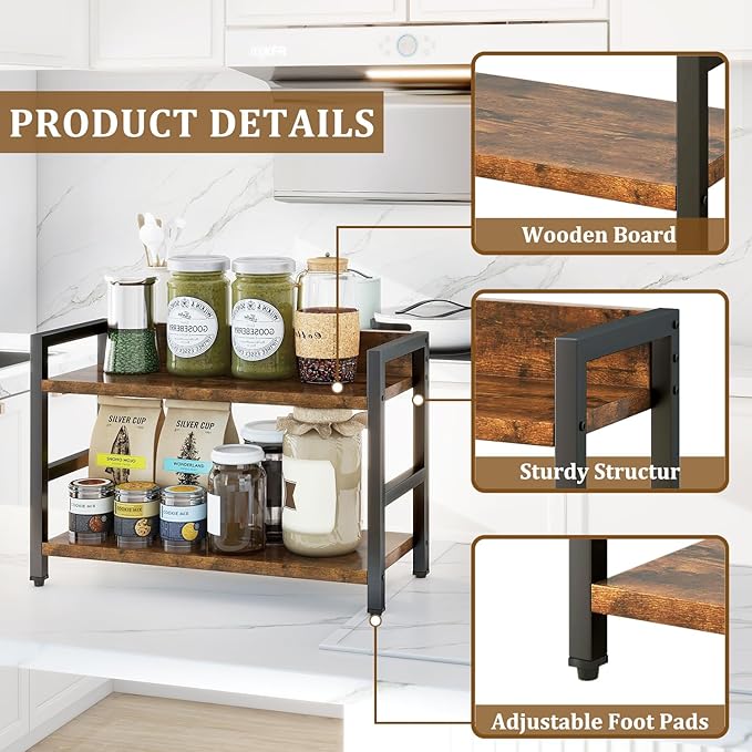 IBUYKE 2-Tier Spice Rack Industrial Counter Shelf Desktop Storage Organizer Standing Seasoning Rack for Countertop Kitchen Office Living Room Desktop Rustic Brown UTLJ002H