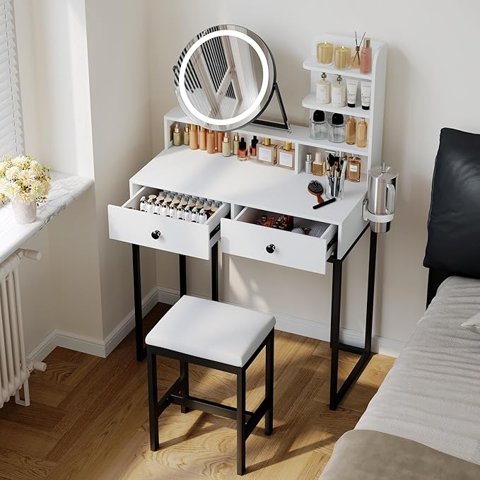 Small Vanity Desk with Mirror for Bedroom: Compact Makeup Table Set with Lights - 31.5 inch White Dresser Vanities with Chair for Girls