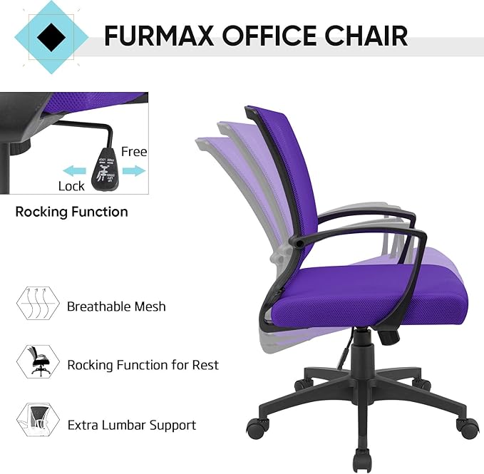 Furmax Office Chair Ergonomic Computer Desk Mesh Chair Mid Back Swivel Lumbar Support with Armrest (1, Violet)