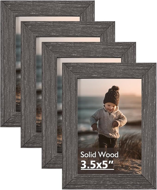 KINLINK 3.5x5 Picture Frame Ash Black, Solid Wood Frames with Plexiglass for Table Top and Wall Mounting, Photo Frames for Horizontal or Vertical Display, 4 Pack