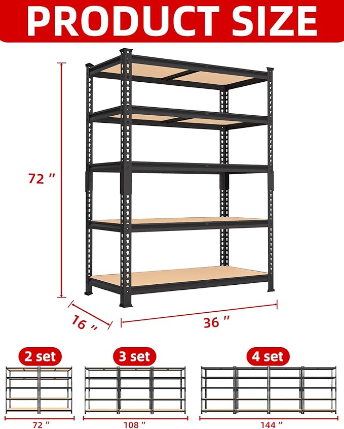 PrimeZone 36" x 16" x 72" Heavy Duty Storage Shelves - 5 Tier Adjustable Garage Storage Shelving, Metal Storage Utility Rack Shelf Unit for Warehouse Pantry Closet Kitchen, Black, 4 Pack