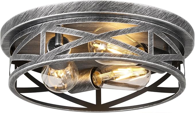 3-Light Cage Ceiling Light Fixtures, Farmhouse Close to Ceiling Lights, 13 Inch Black and Silver Metal Flush Mount Ceiling Lights for Bedroom, Living Room, Porch Kitchen Entrance