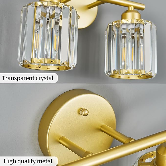 Modern 2 Light Crystal Vanity Light, Gold Vertical Bathroom Light Fixture Over Mirror for Dressing Table Sink, Compatible with Dimmable Bulbs (Bulbs Not Included)