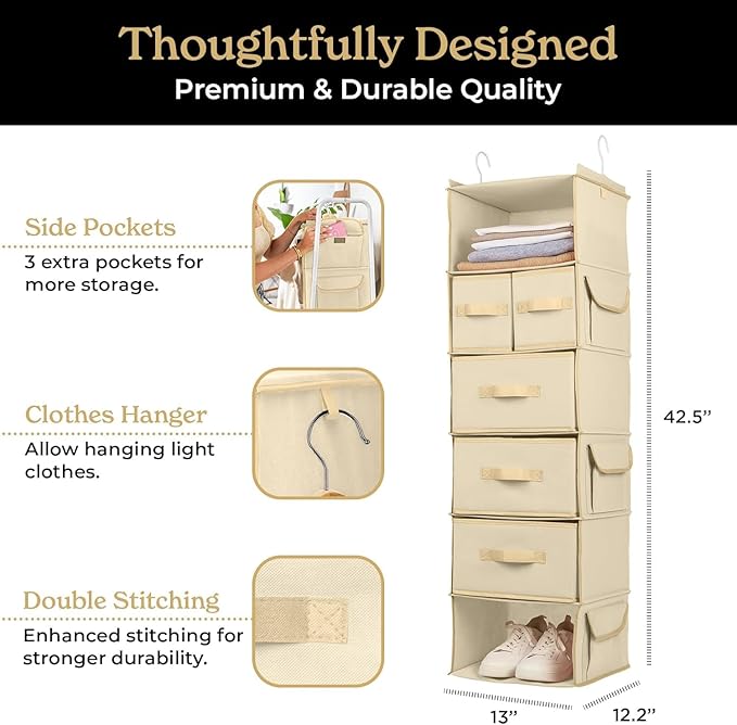 SMIRLY 6 Shelf Hanging Closet Organizer Hanging Shelves, Closet Hanging Organizer with 2 Sturdy Hooks for Wardrobe, Nursery, Storage (Beige, Inseparate)