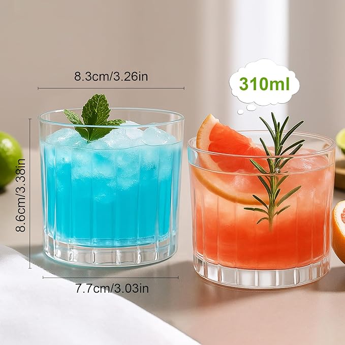 2-Piece Ribbed Glassware - 2 Rocks Glass Cups 10 oz, Vintage Cocktail Drinking Glasses, Ideal for Wine, Juice, Water, Ice Coffee Cup, Whiskey(Clear)