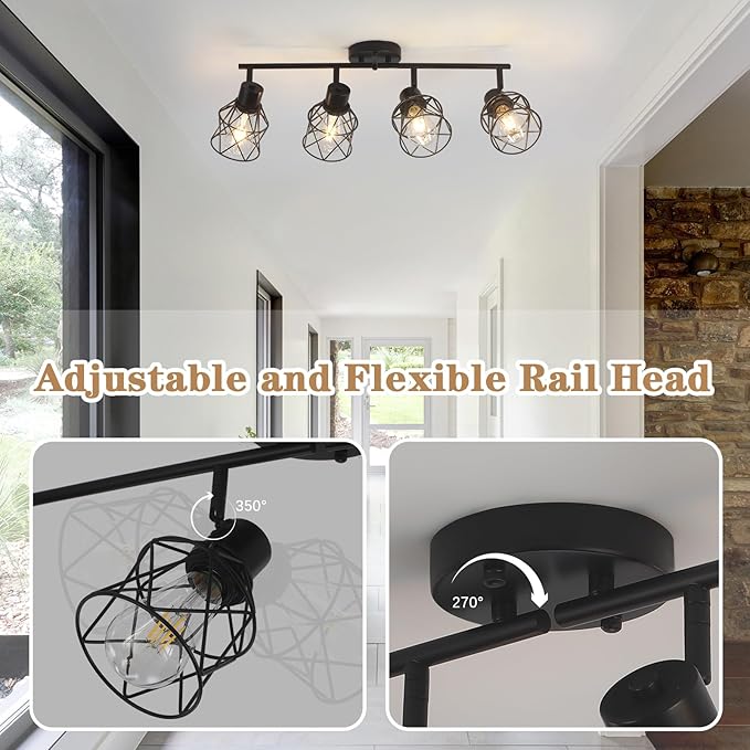 BUXVRCS Adjustable Multi-Directional Black Light Fixtures, Semi Flush Mount Ceiling Light, Kitchen Light Fixtures Ceiling Mount, Geometric Metal Cage Industrial Spotlight Fixtures for Dining Room