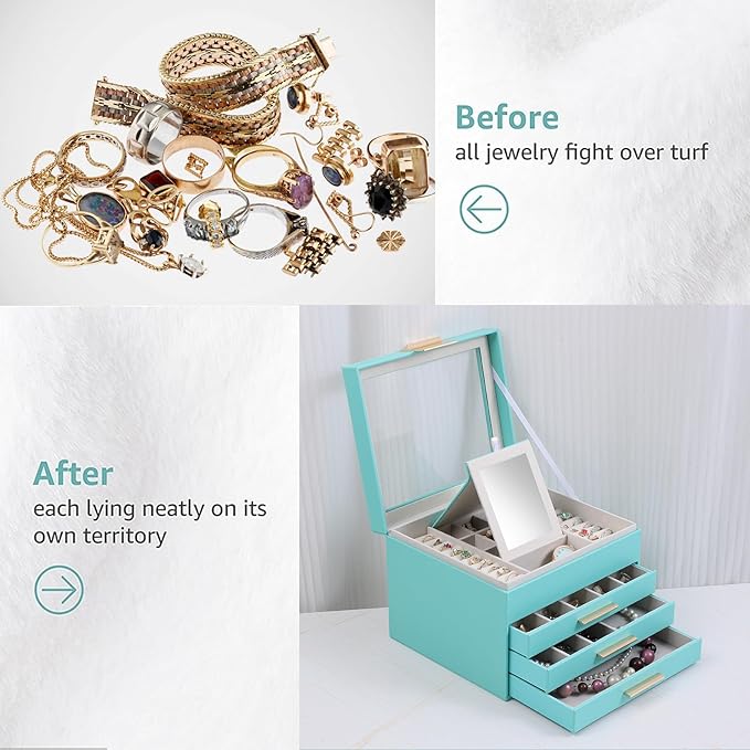 BOOVO Clear Lid Jewelry Box,4 Layers Jewelry Organizer Large Jewelry Storage Box with 3 Drawers,Jewelry Holder Organzier of Rings Earrings Necklace Bracelets for Women (Turquoise blue, 4 Layer)