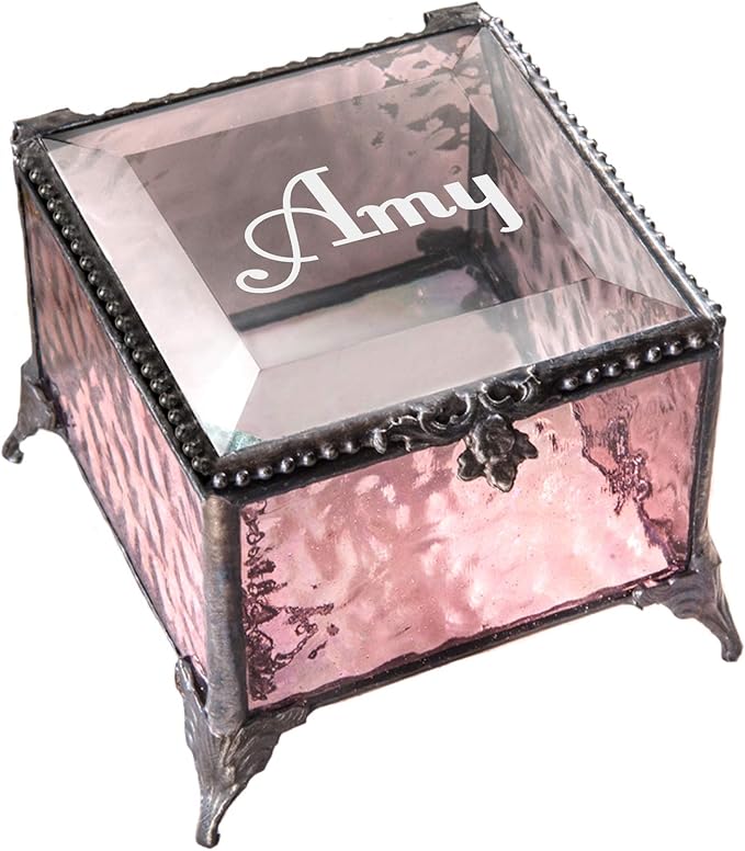 Personalized Engraved Jewelry Box Decorative Vanity Display Stained Glass Keepsake - J Devlin Box 903 EB217-1 (Pink)