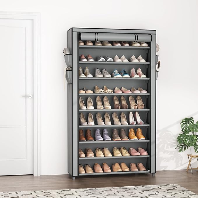 Shoe Rack with Covers 10 Tier Tall Shoe Rack Organizer Large Capacity Shoe Shelf Storage 40 Pairs Space Saving Free Standing Shoe Storage Organizer for Closet, Entryway, Dorm, Grey