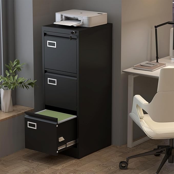 3 Drawer File Cabinet with Lock, Vertical Metal File Cabinets,Black Filing Cabinets for Home Office Fit Letter/A4/Legal Size File, Assembly Required